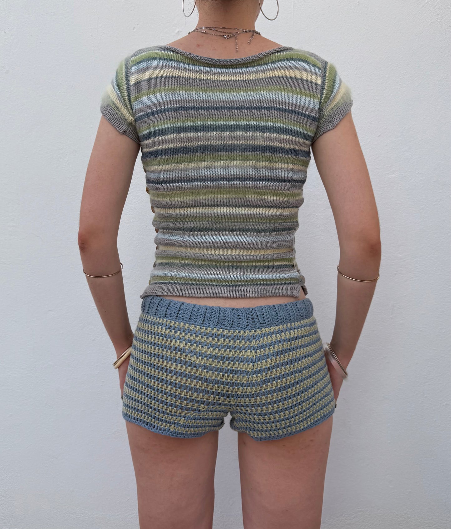 Handmade denim blue and green striped cotton crochet shorts (pre made in size S)