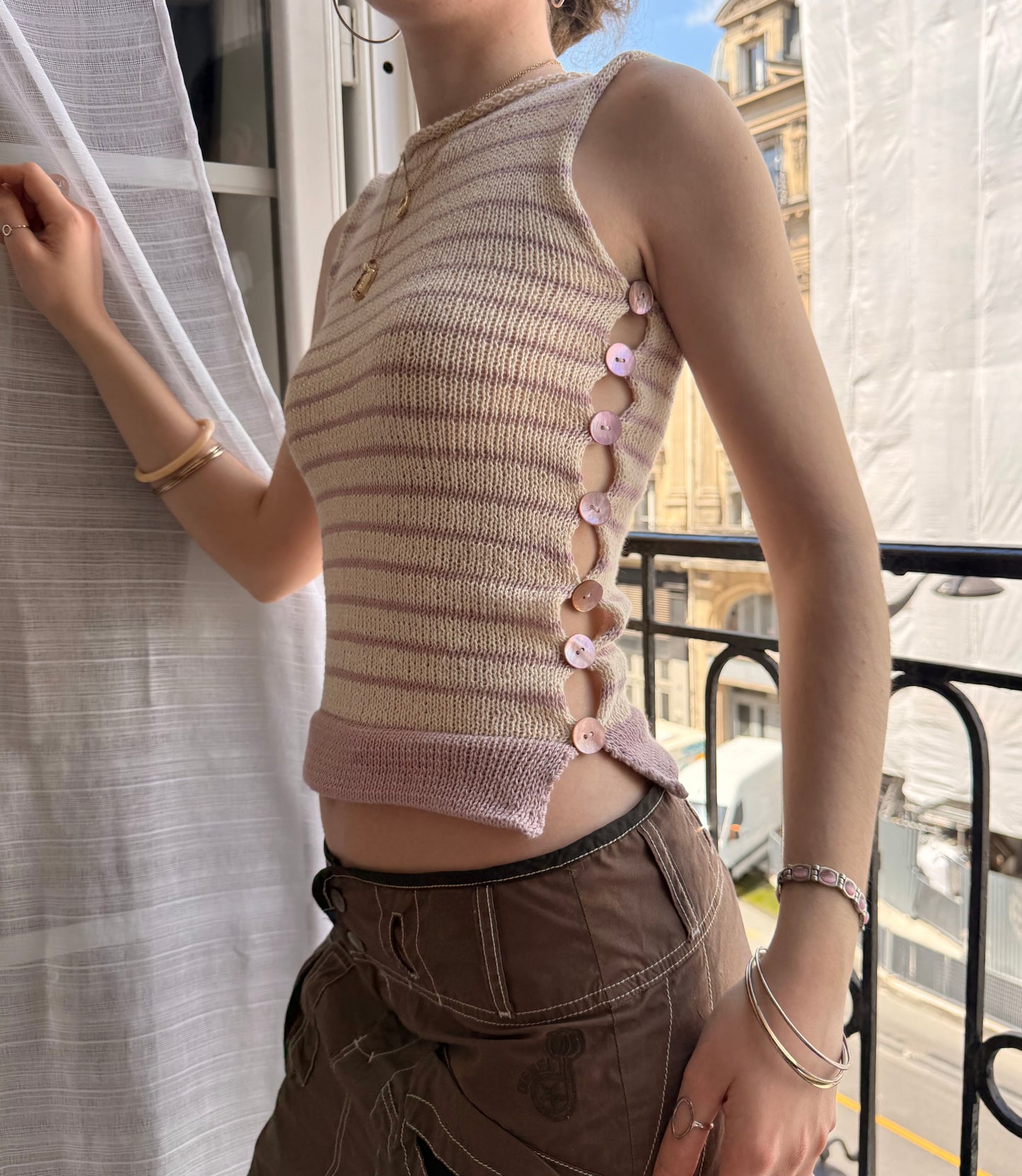 1 of 1 striped Pearl Vest in cream & dusky pink (pre made in S-M)