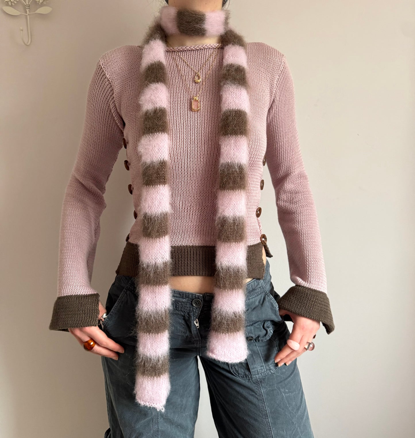 Pink and brown fluffy striped scarf - choose full width or skinny 🌸🤎 pre made