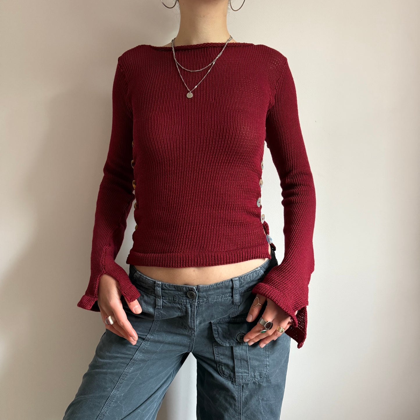 Pearl Long Sleeve in cherry red - handmade knit jumper with mother of pearl buttons