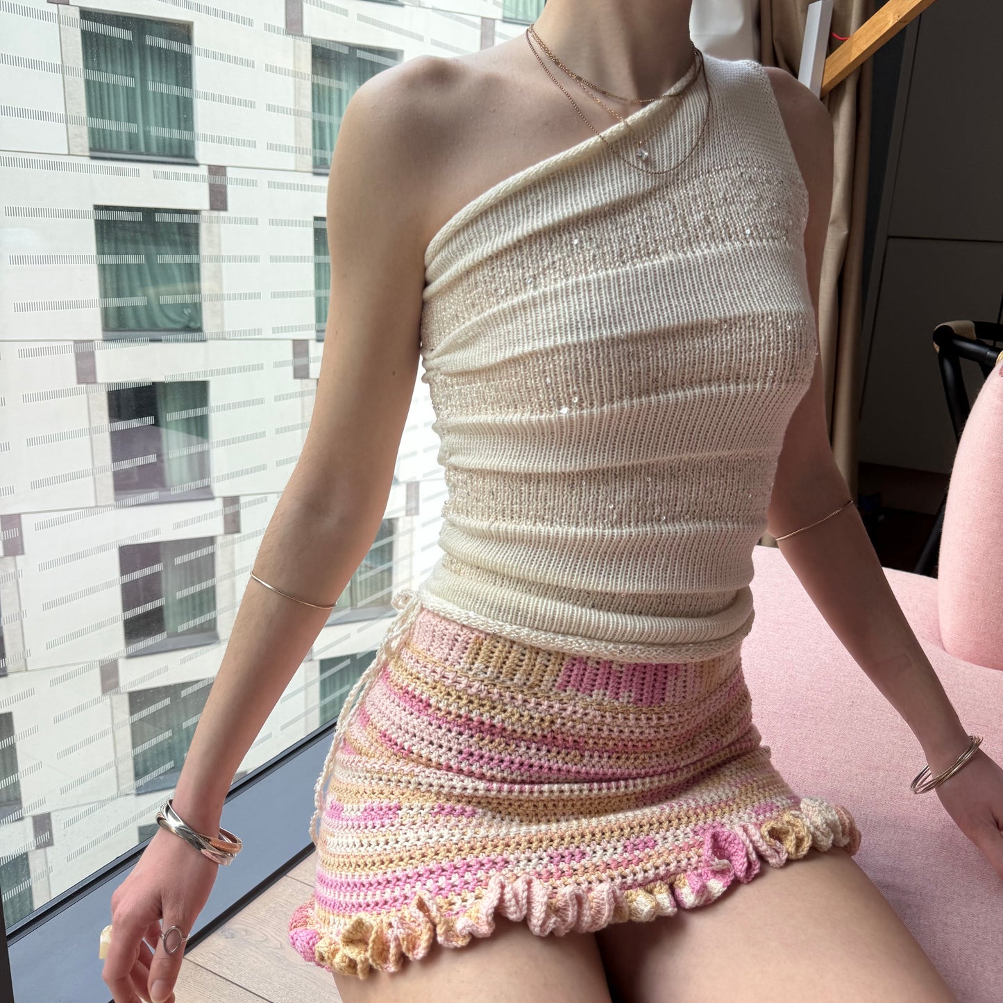 Handmade sequin draped one shoulder knit top in cream - cotton