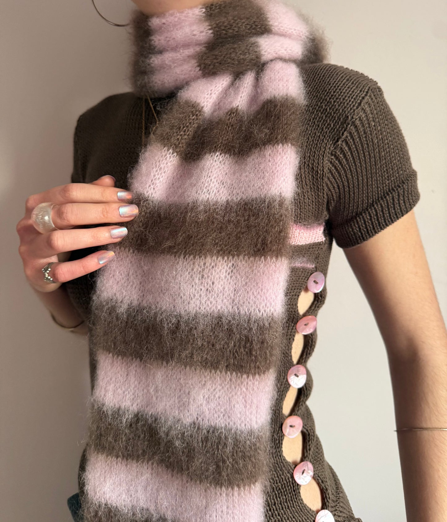 Pink and brown fluffy striped scarf - choose full width or skinny 🌸🤎 pre made