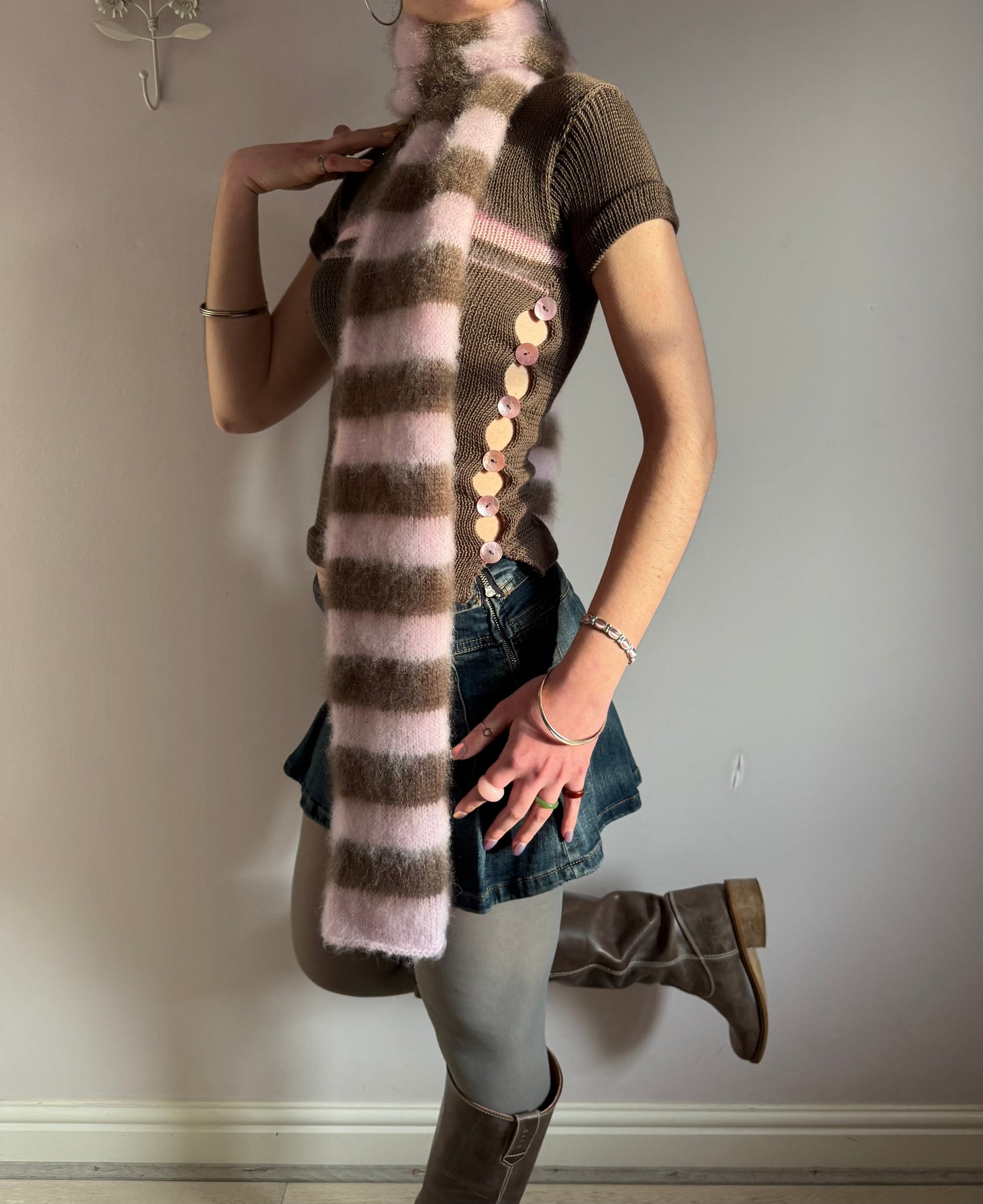 Pink and brown fluffy striped scarf - choose full width or skinny 🌸🤎 pre made