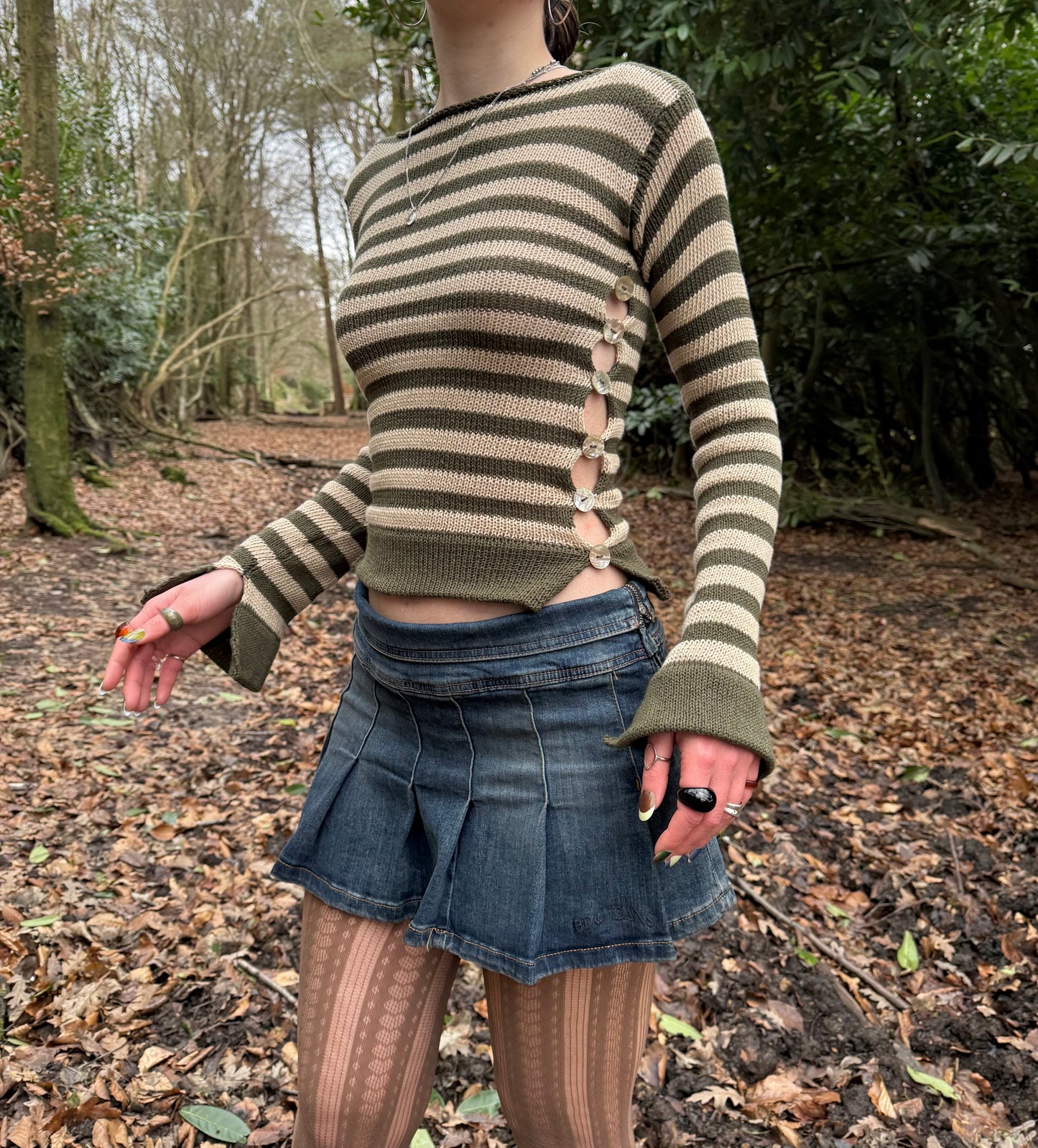 Pearl Long Sleeve in striped khaki & beige - handmade knit jumper with abalone shell buttons