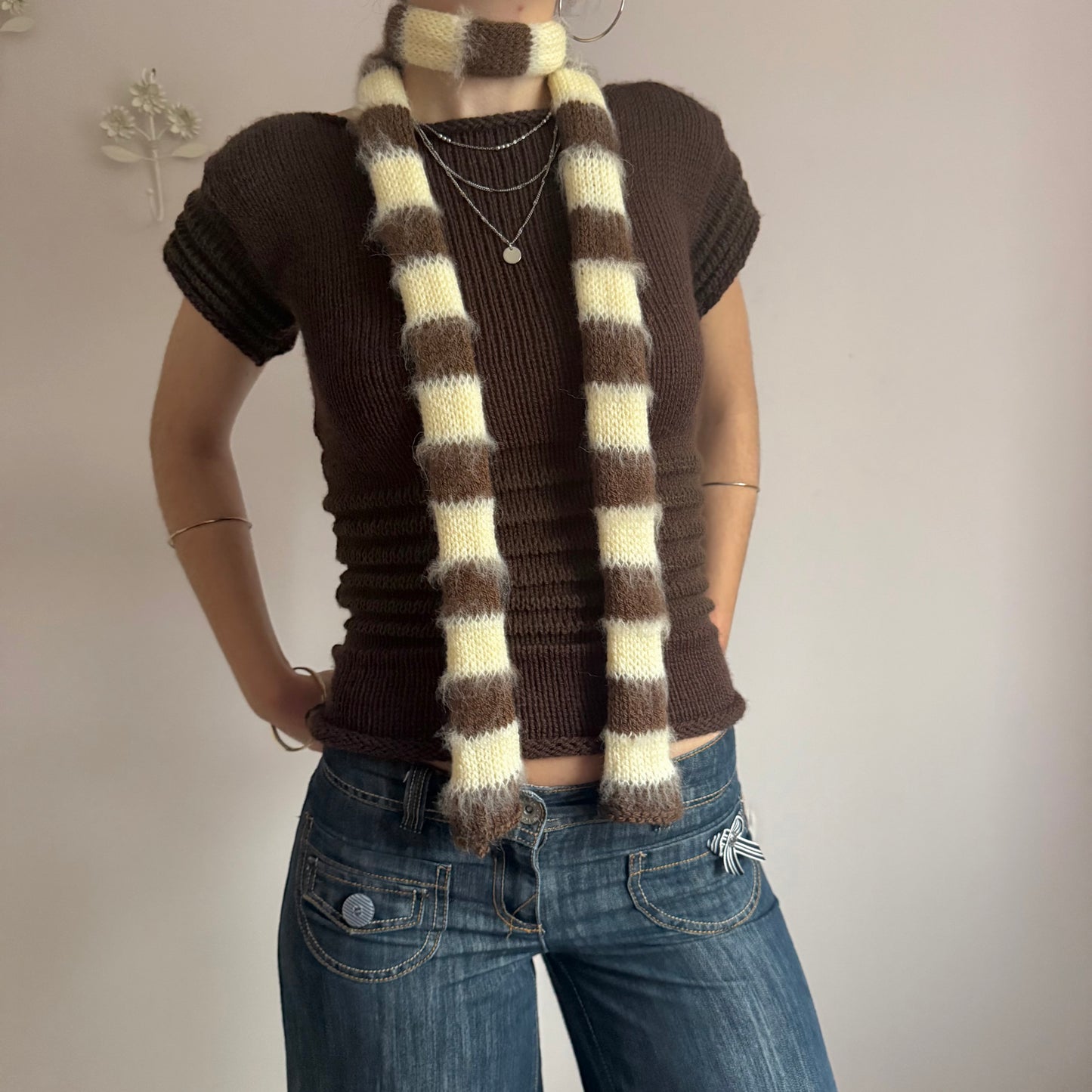 Handmade knitted brown and light yellow mohair striped skinny scarf
