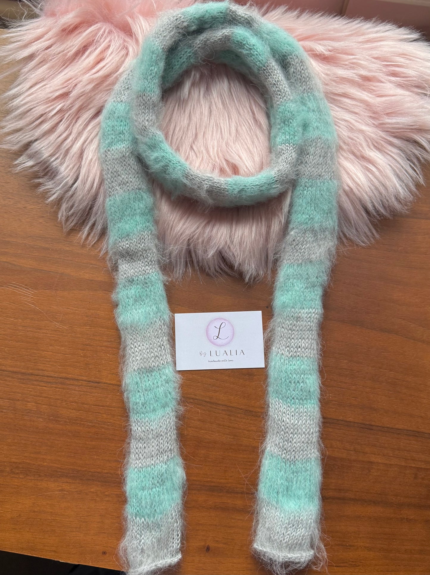 Fluffy striped knit skinny scarf in aqua & grey - pre made