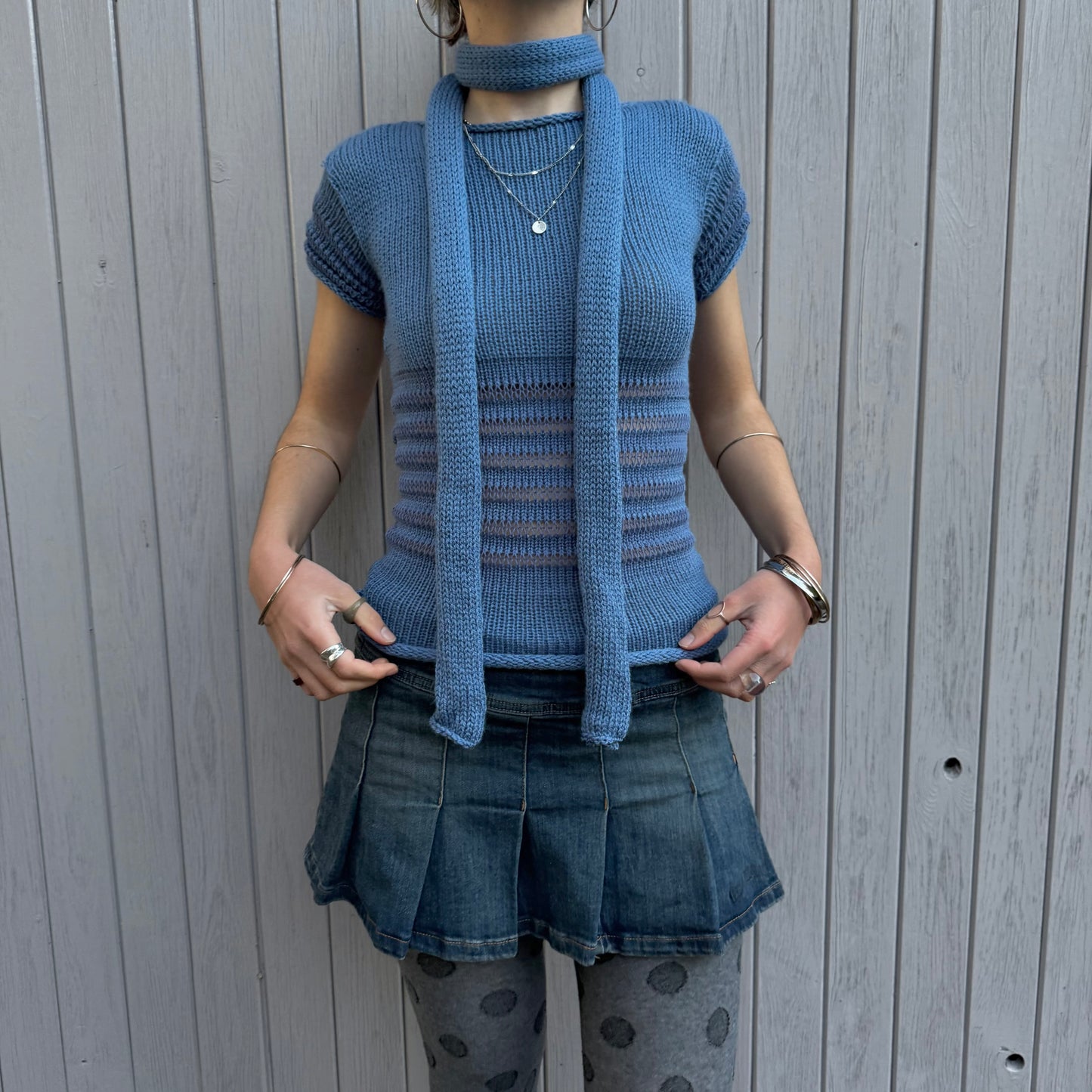 Handmade knitted skinny scarf in denim blue - pre made