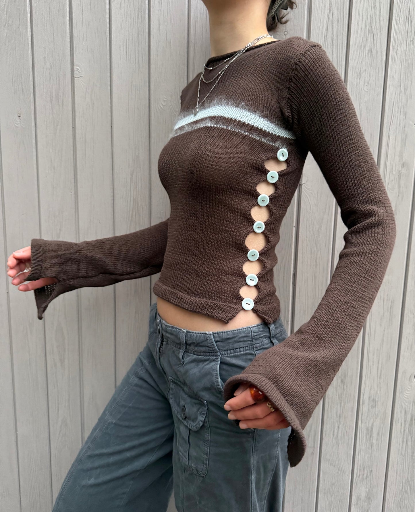 Pearl Long Sleeve in brown and blue - handmade striped knit jumper with buttons