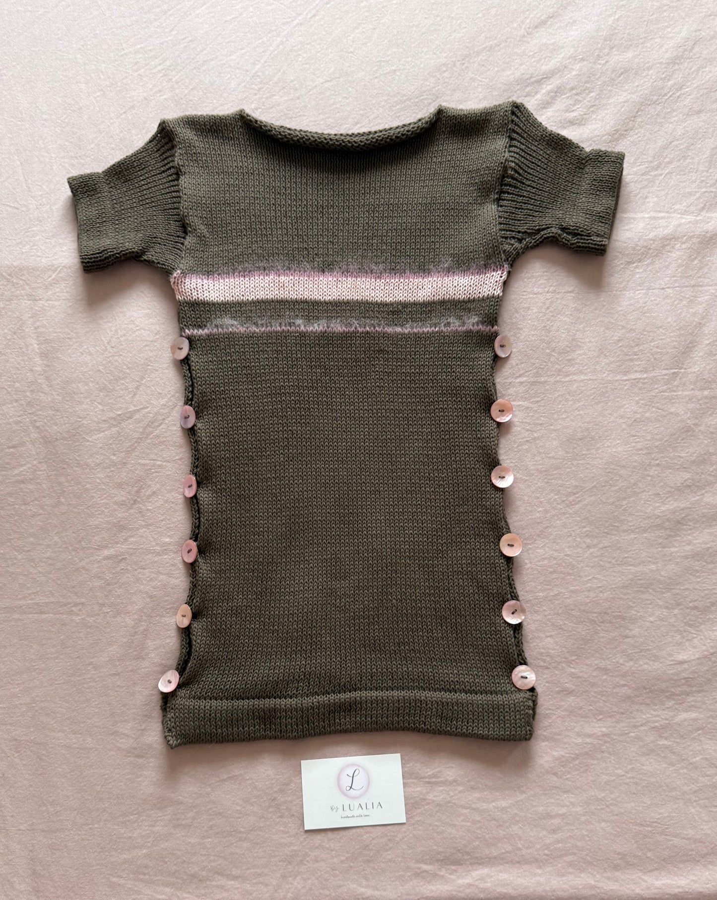 Pearl Tee in mocha - handmade striped knit tee with pink mother of pearl buttons