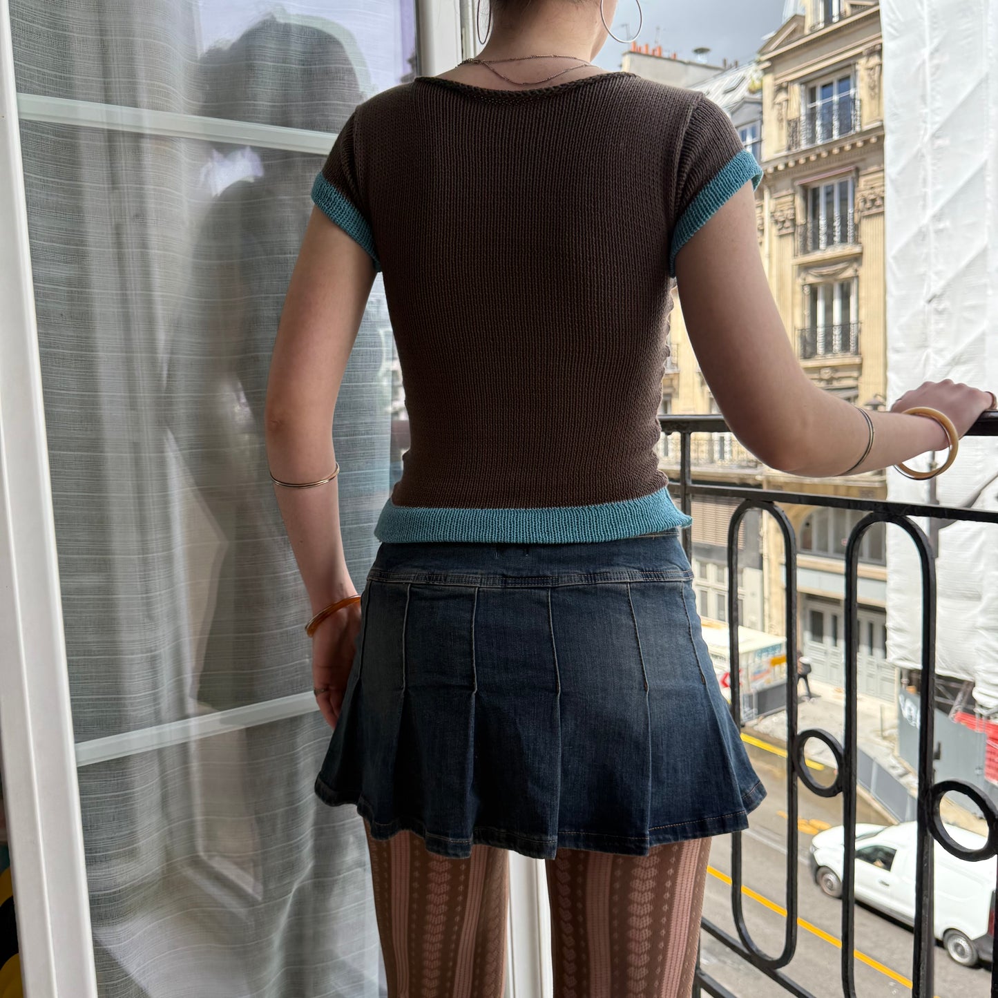 1 of 1 “cute as a button” cotton knitted tee in mocha & teal - pre made in XS