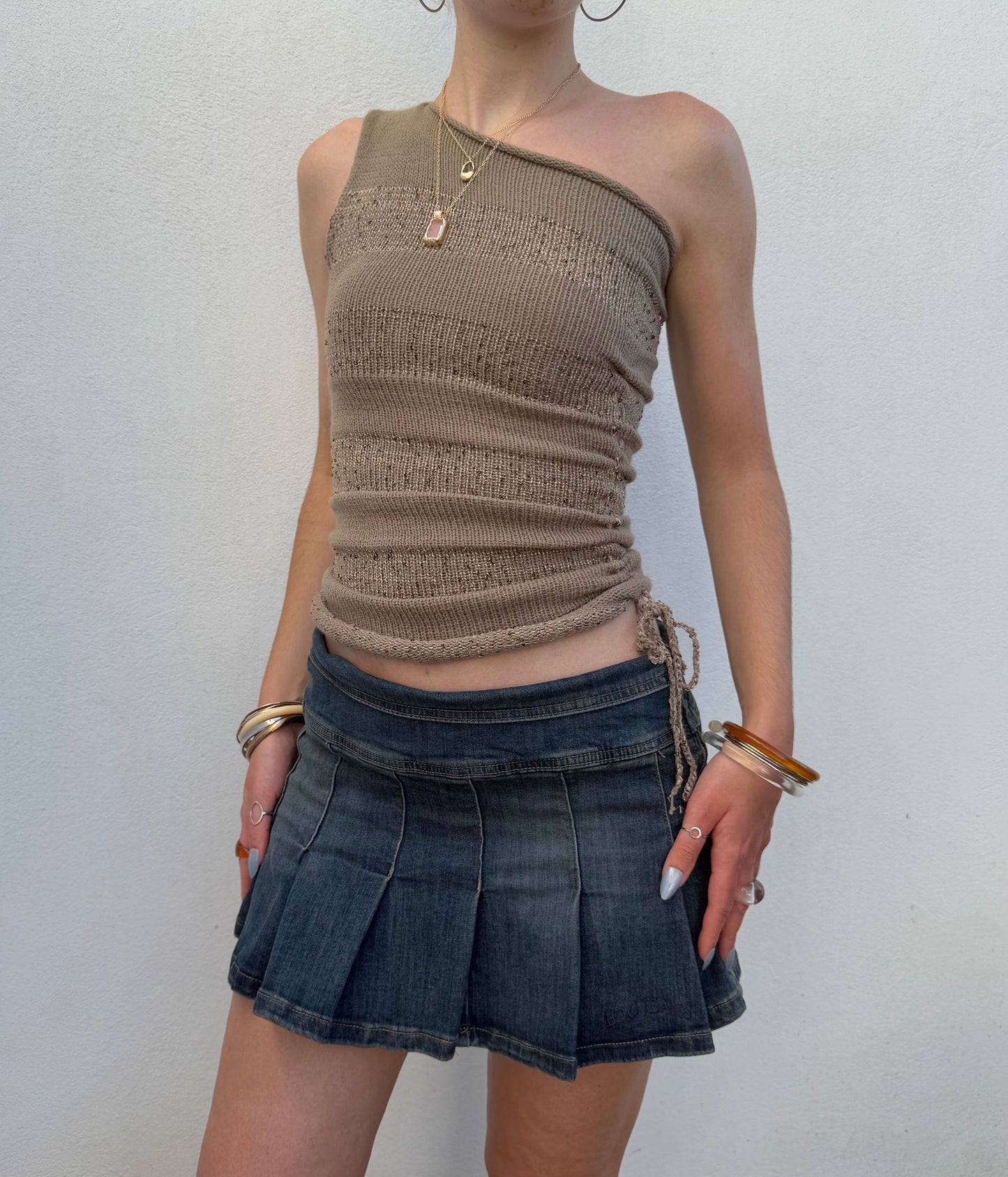 Handmade sparkly draped one shoulder knit top in gold (pre made in XS)