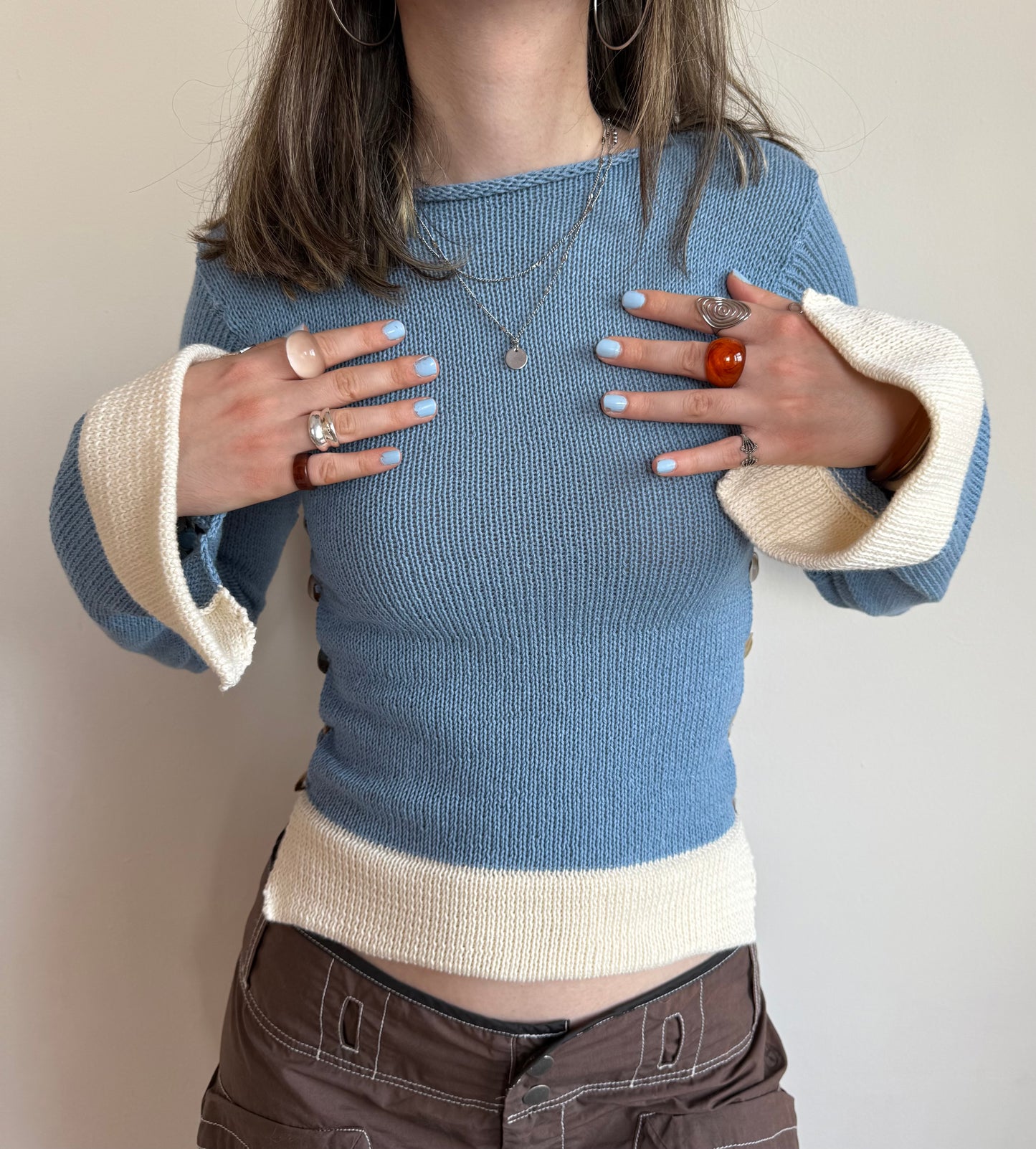 Colour block Pearl long sleeve in dusty blue & cream - 1 of 1 (pre made in S)