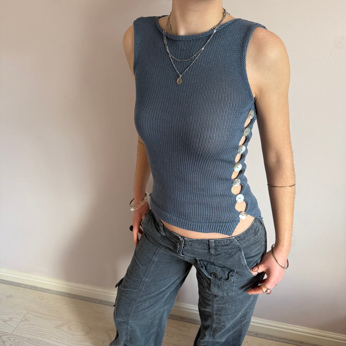 The Pearl Vest in denim blue - choose from 2 design options (pre made in M with buttons on 1 side)