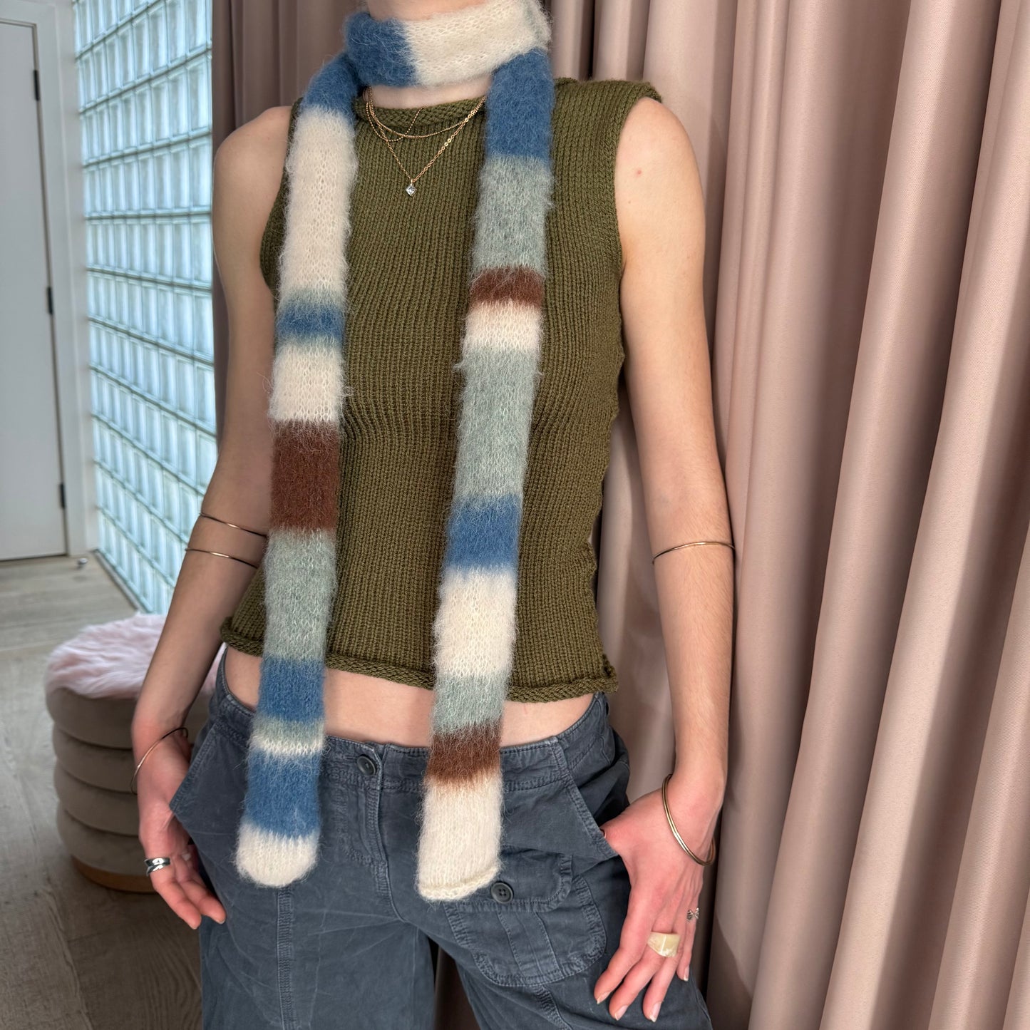 Handmade cream, sage green, brown and denim blue fluffy striped skinny scarf 🌿