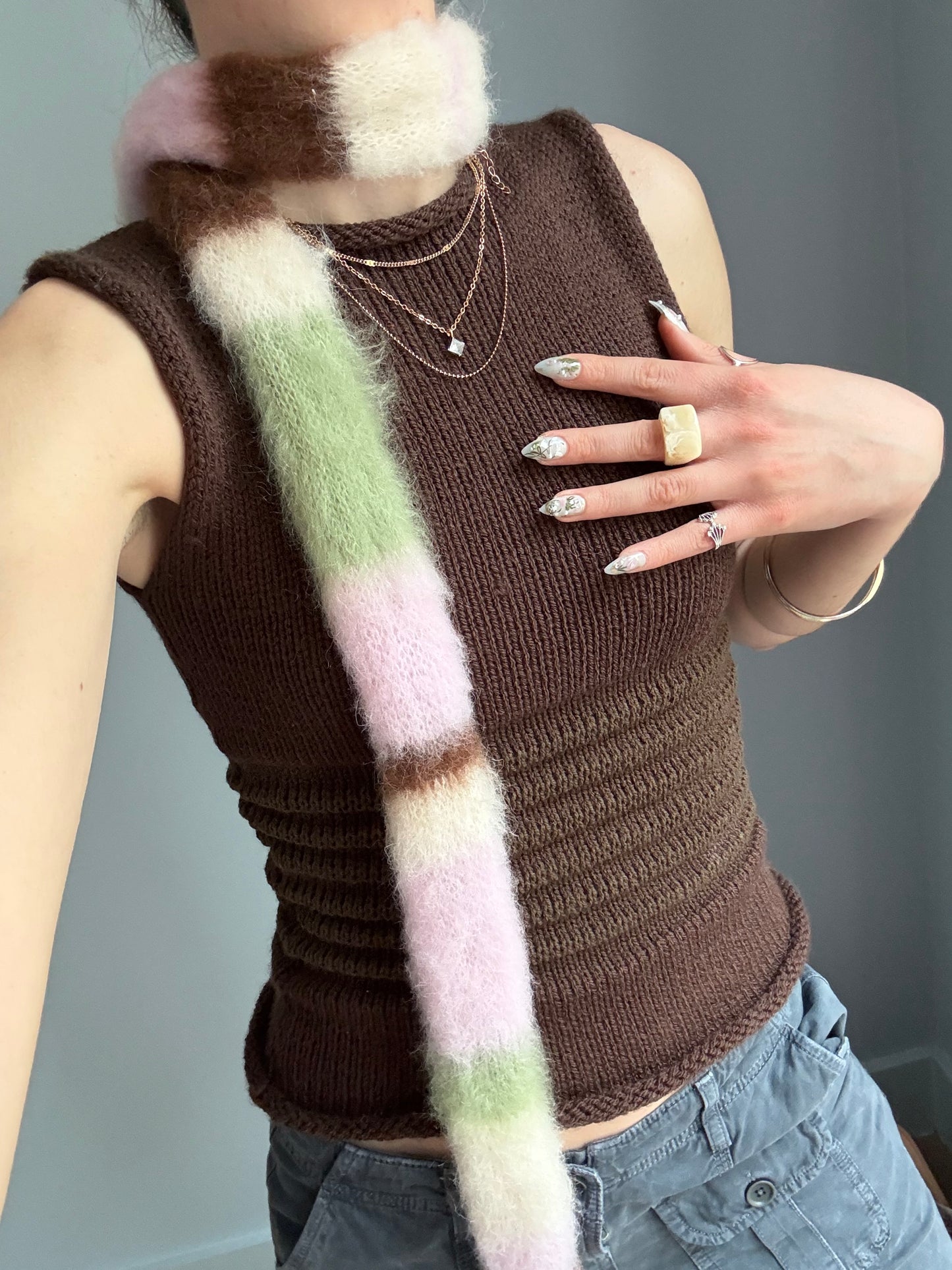 Handmade cream, light green, brown and baby pink fluffy striped scarf - choose full width or skinny 🌸