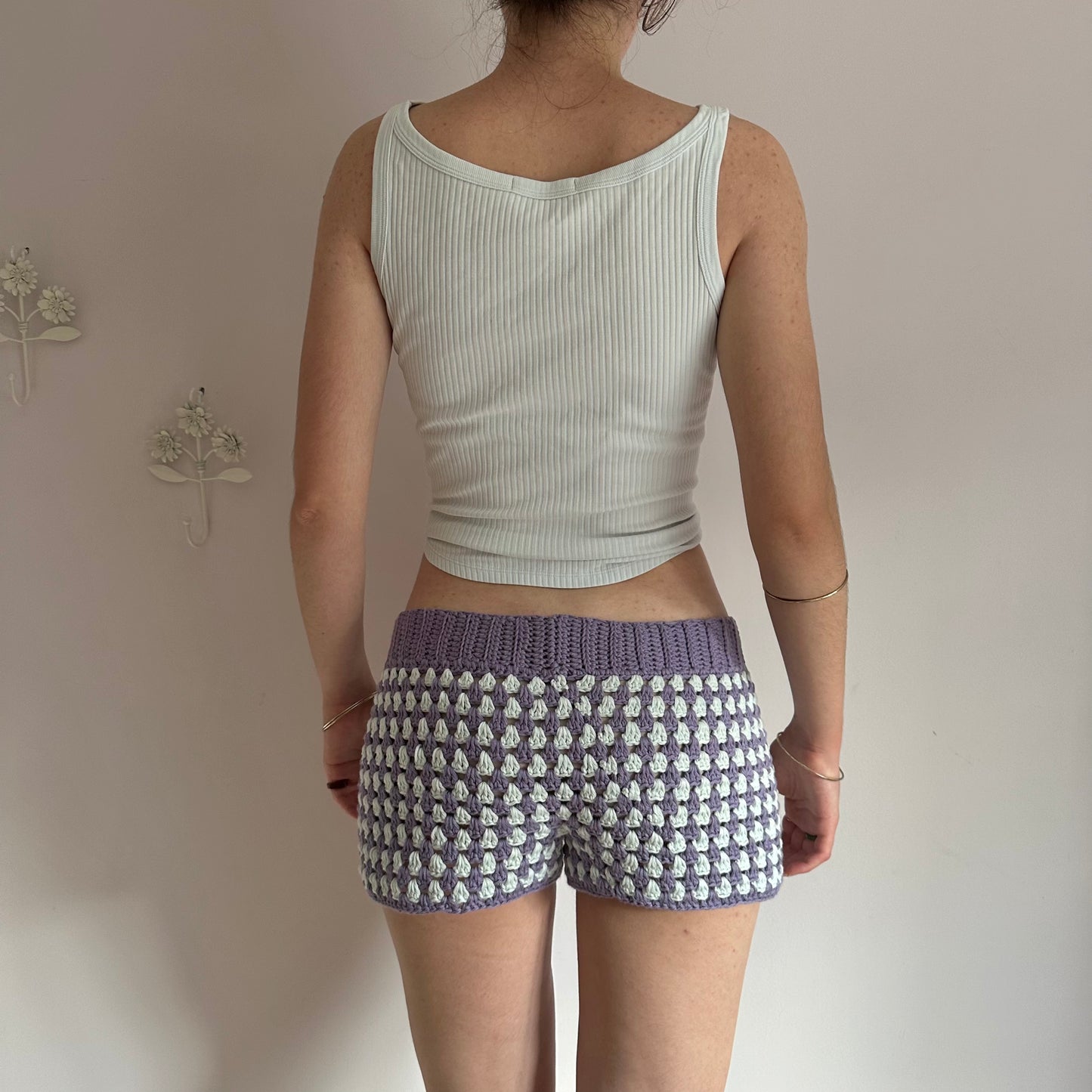 Handmade gingham crochet shorts in purple and duck egg blue (pre made in L)