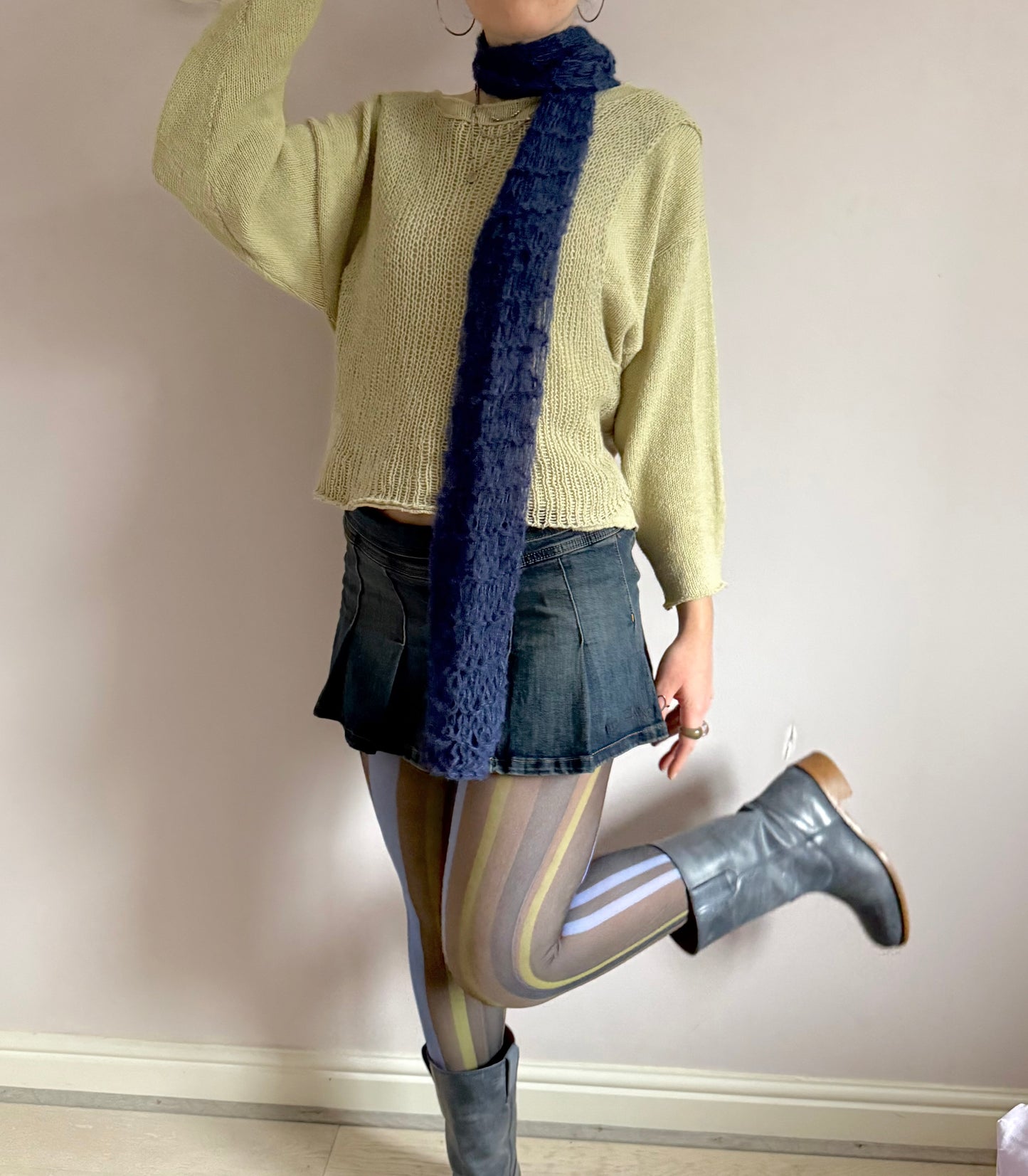 Handmade mohair fishnet knitted scarf in navy blue