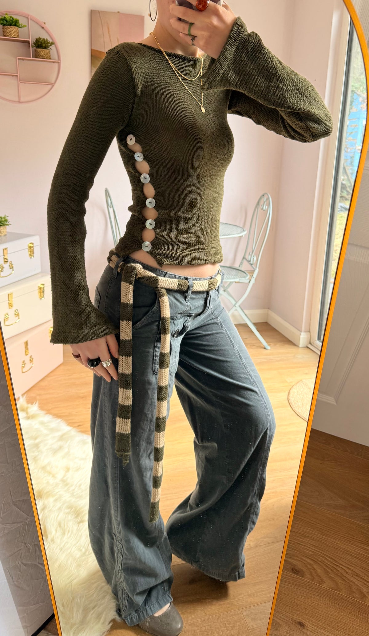 1 of 1 cotton knitted skinny scarf / belt in khaki green & beige (pre made)