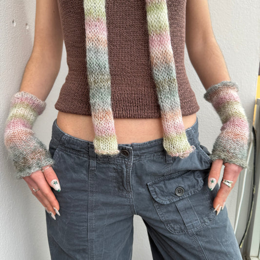 Handmade knitted mohair hand warmers in ombré pastel shades