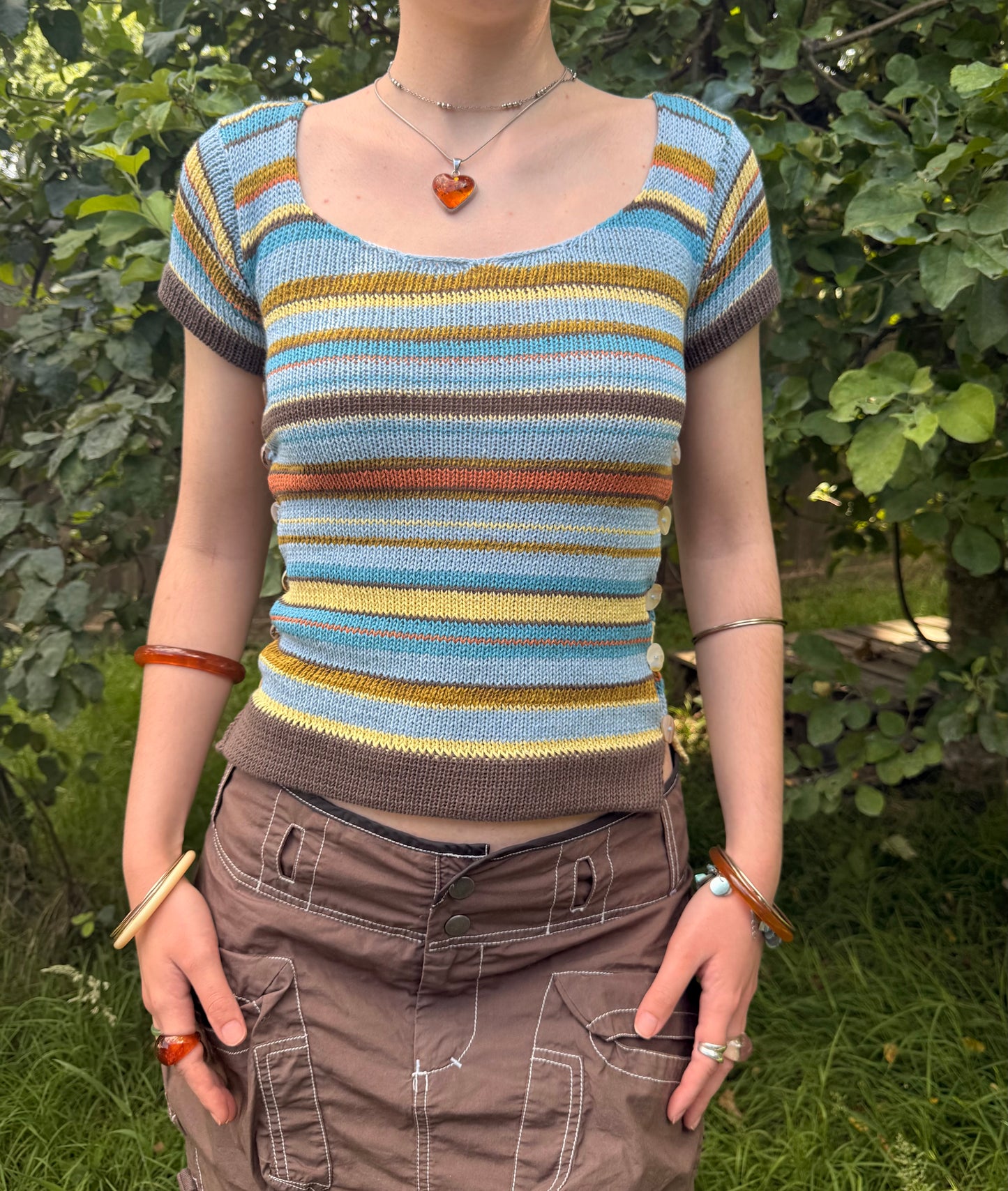 Retro Striped Scoop Neck Pearl Tee (pre made in size S)