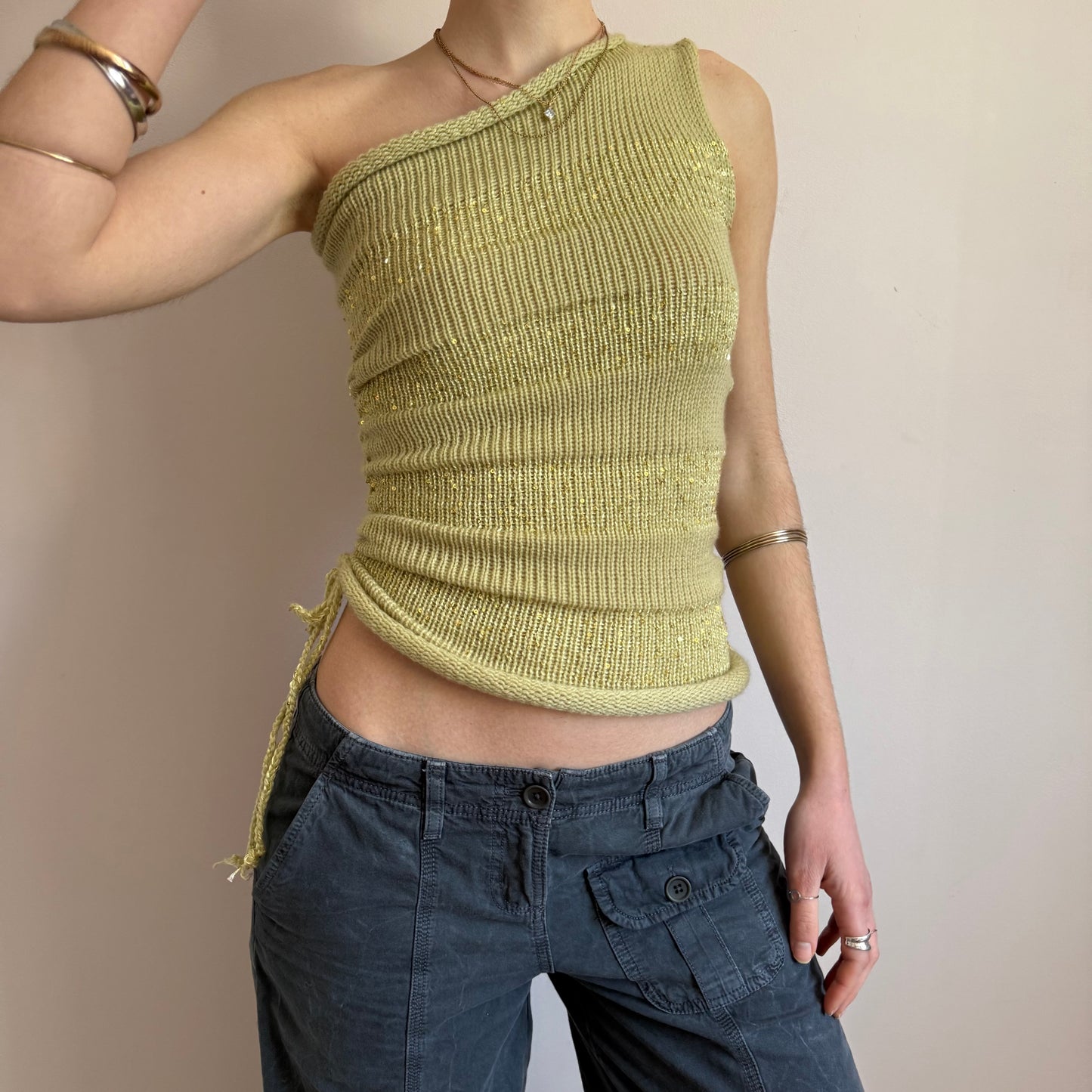 Handmade sparkly draped one shoulder knit top in matcha green