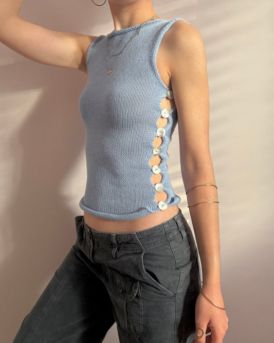 Handmade knitted Pearl Vest - sky blue (pre made in size XS).