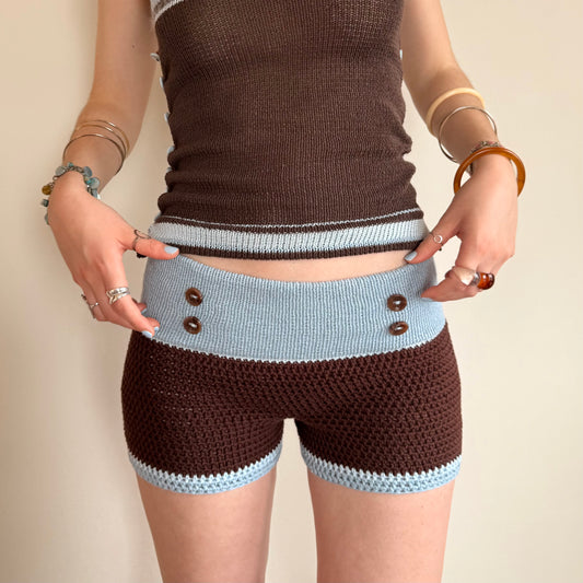 Brown & Baby Blue Button Shorts - limited edition (pre made in S)