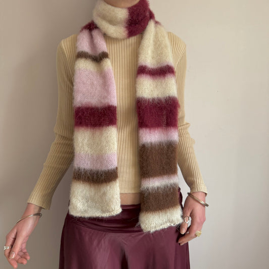 Handmade cream, burgundy, brown and baby pink fluffy striped scarf - choose full width or skinny 🌸