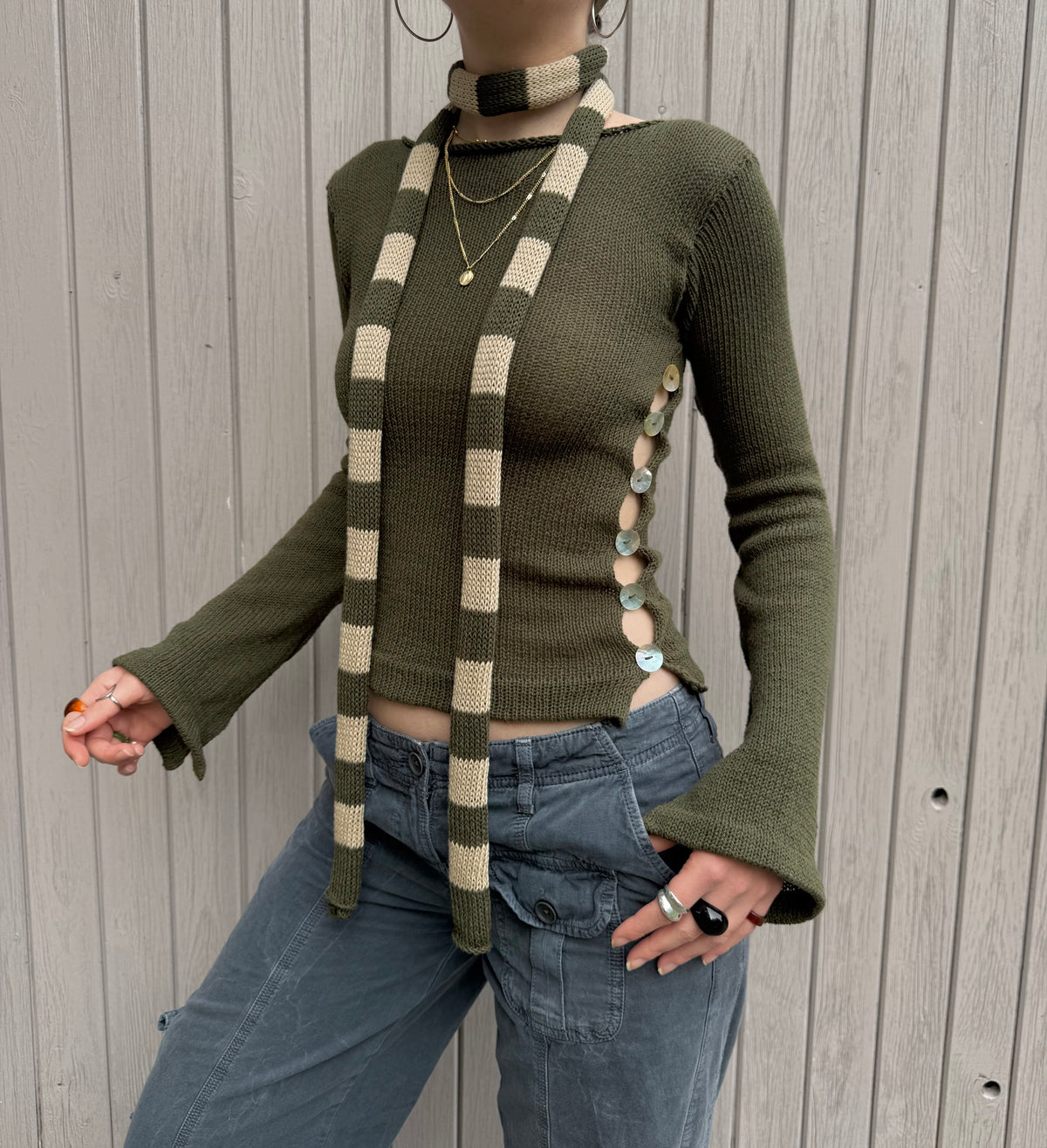 Pearl Long Sleeve in khaki green - handmade knit jumper with mother of pearl buttons (pre made in S)