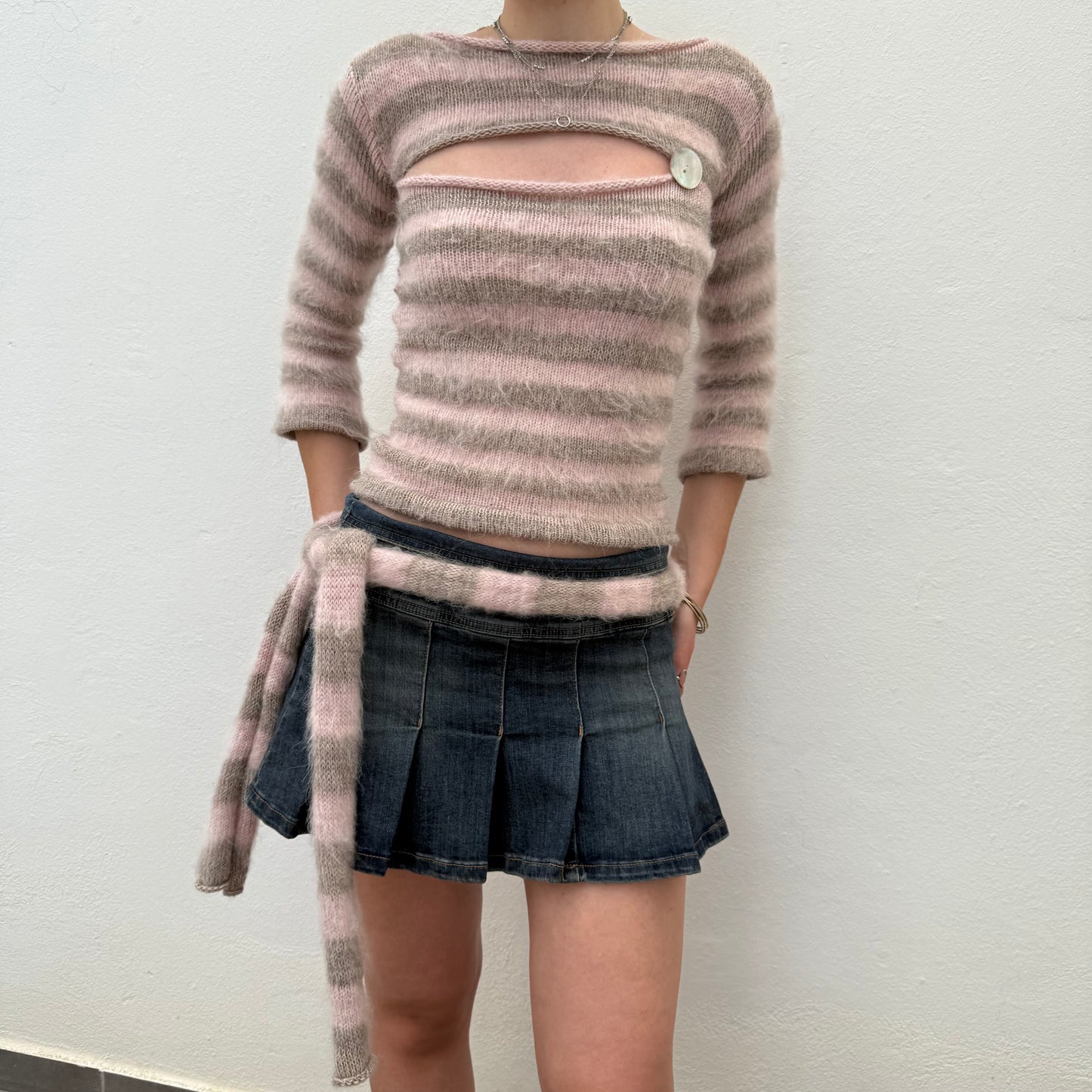 Fluffy striped knit skinny scarf in dusky pink & beige