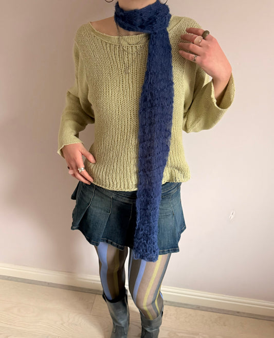 Handmade mohair fishnet knitted scarf in navy blue