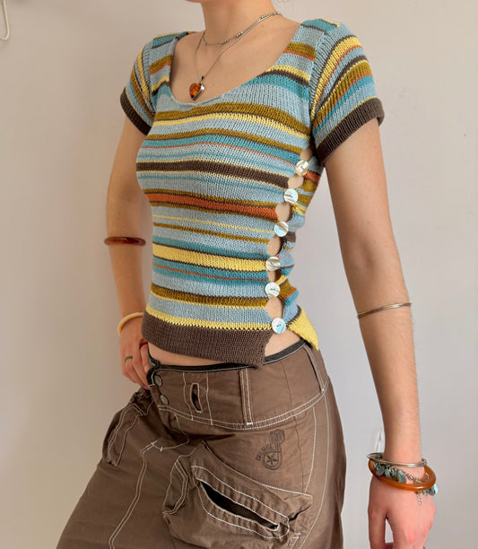 Retro Striped Scoop Neck Pearl Tee (pre made in size S)