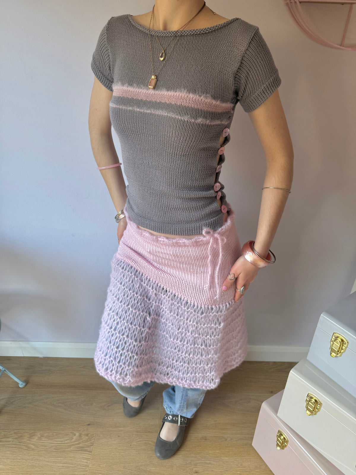 Pearl Tee in Grey & Pink (pre made in S)