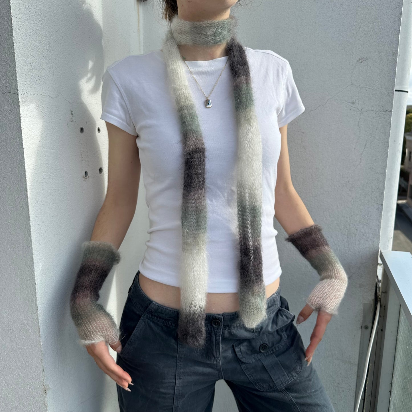 Handmade knitted mohair skinny scarf in ombré black, grey & white