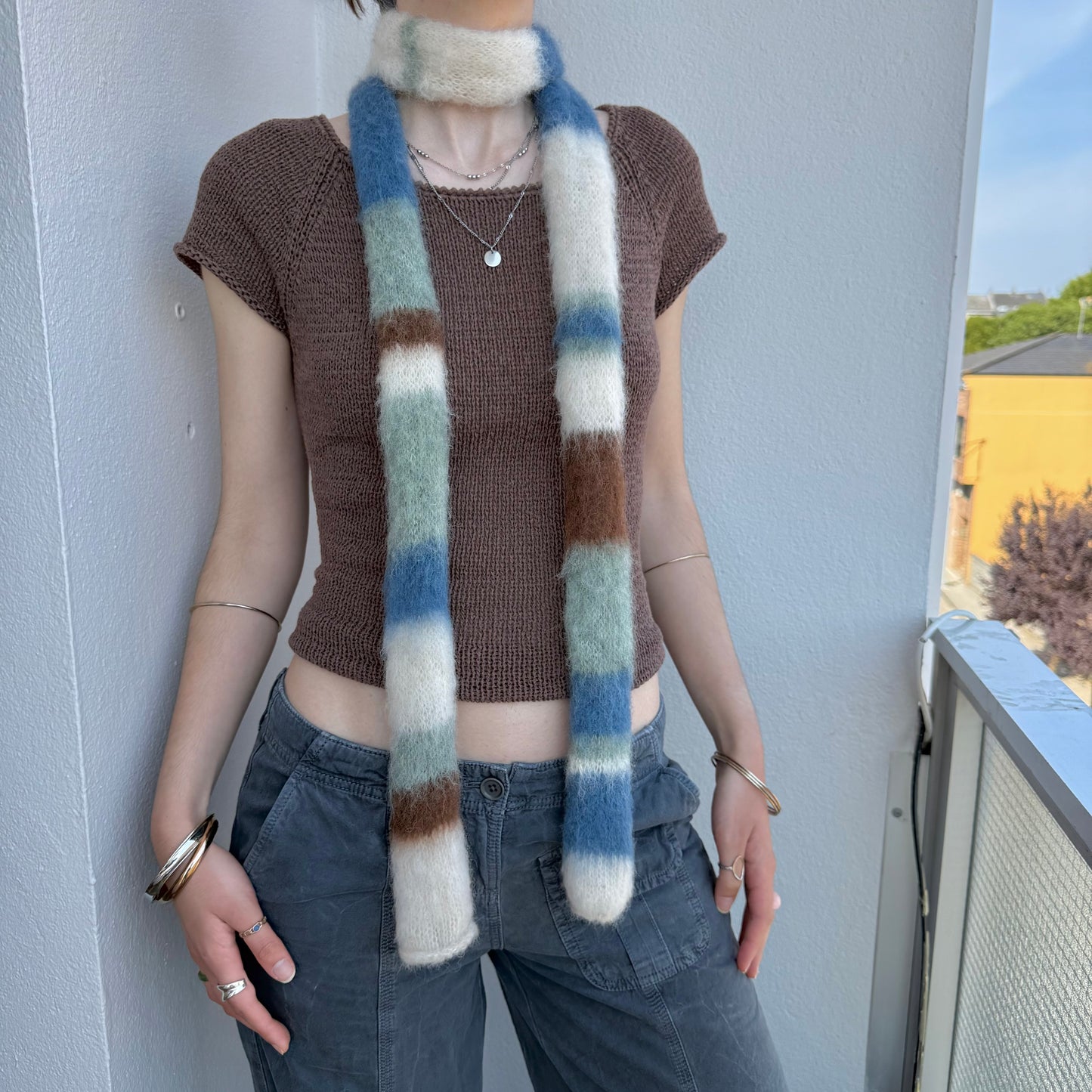 Handmade cream, sage green, brown and denim blue fluffy striped skinny scarf 🌿