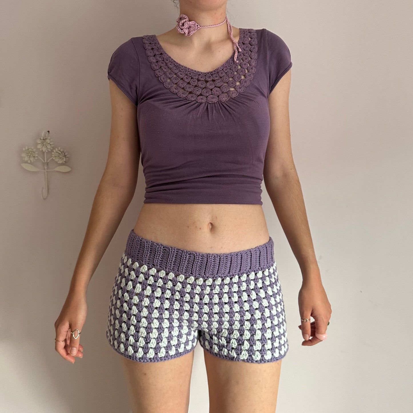 Handmade gingham crochet shorts in purple and duck egg blue (pre made in L)