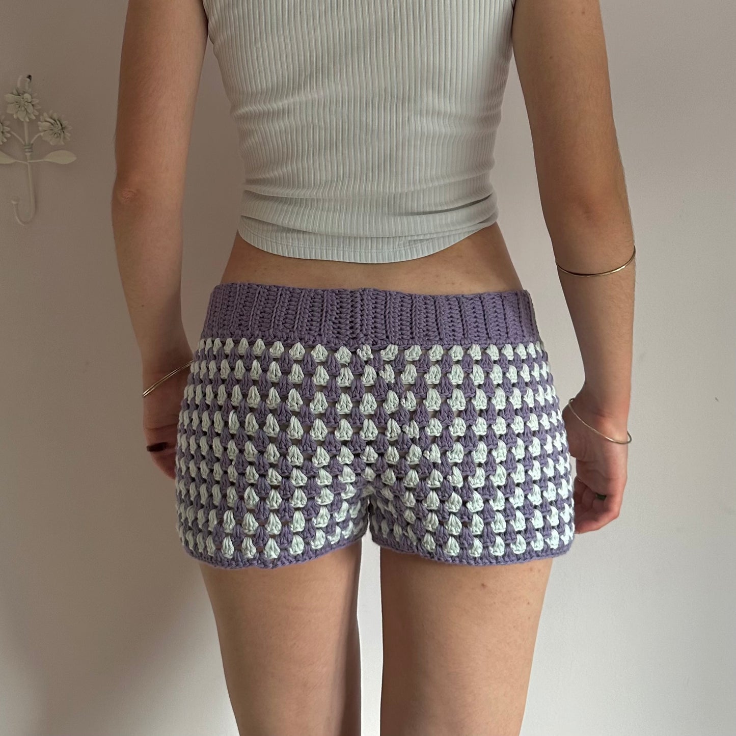 Handmade gingham crochet shorts in purple and duck egg blue (pre made in L)