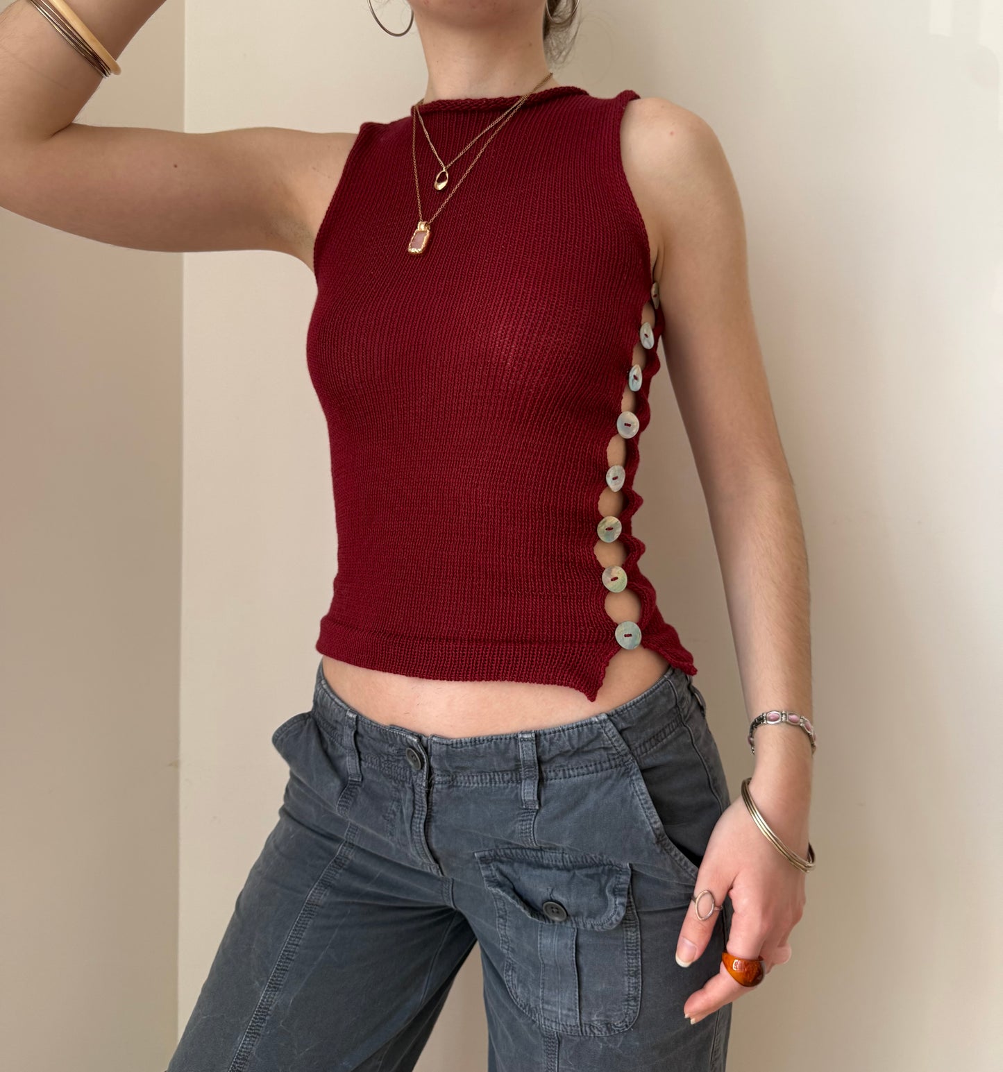 The Pearl Vest in cherry red - choose from 2 design options