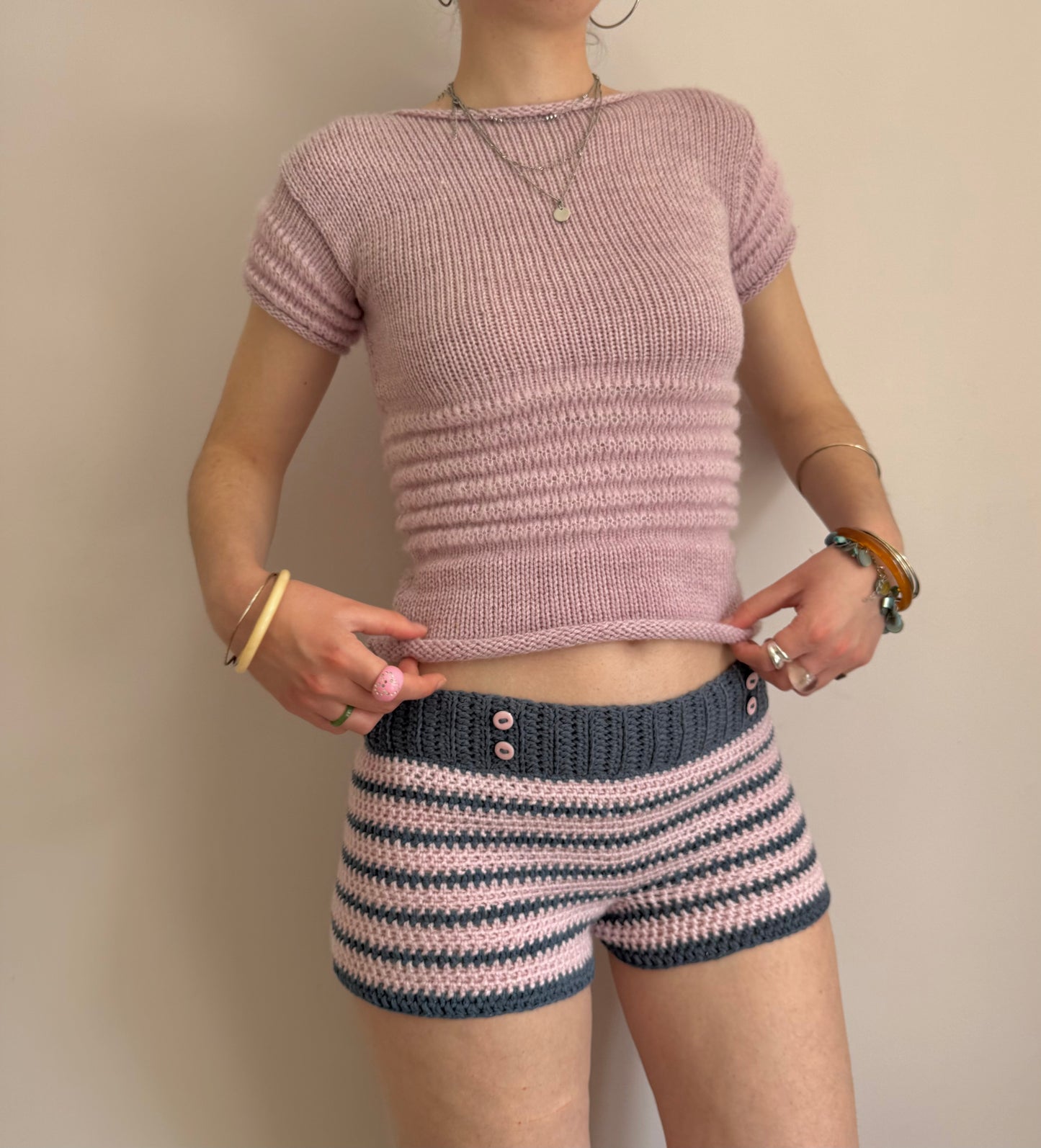 1 of 1 navy & baby pink striped crochet button shorts (pre made in size S)