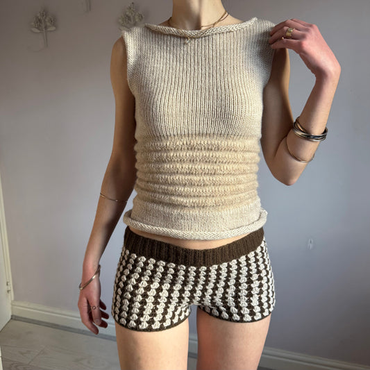 Handmade gingham crochet shorts in brown and beige