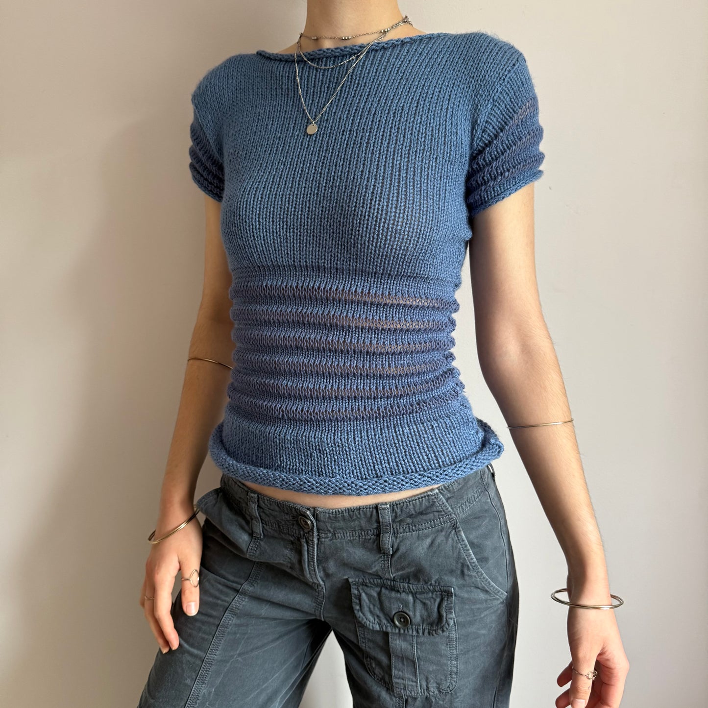 The Ripple Tee - handmade denim blue shirred top