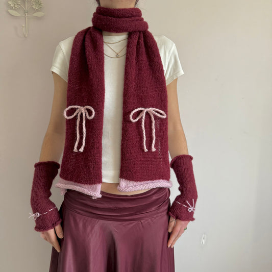 Handmade knitted burgundy and baby pink mohair bow scarf