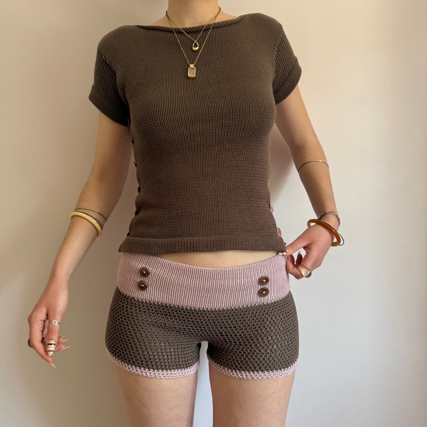 The Pearl Button Shorts in mocha & dusky pink (pre made in S)