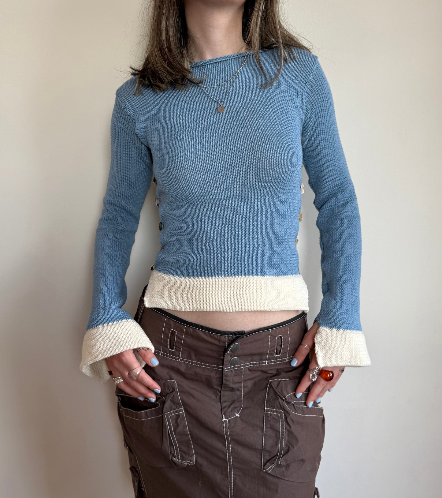 Colour block Pearl long sleeve in dusty blue & cream - 1 of 1 (pre made in S)