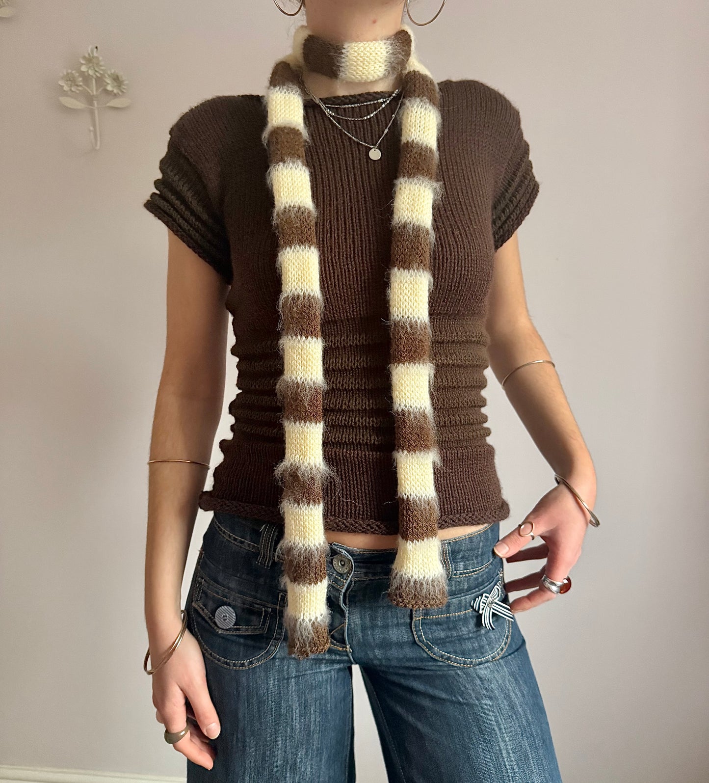 Handmade knitted brown and light yellow mohair striped skinny scarf