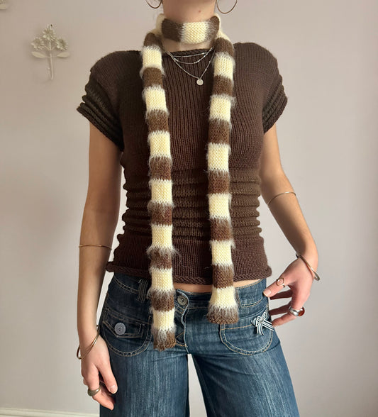Handmade knitted brown and light yellow mohair striped skinny scarf