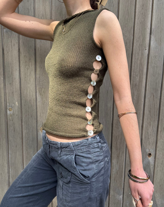 Handmade knitted Pearl Vest - khaki green (pre made in size M).