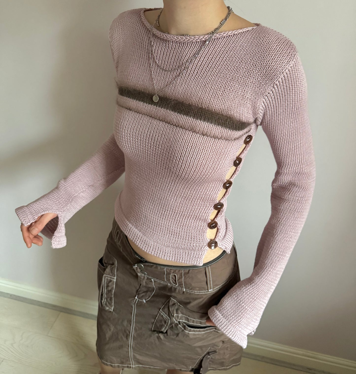 Pearl Long Sleeve in dusky pink & brown - handmade striped knit jumper with buttons