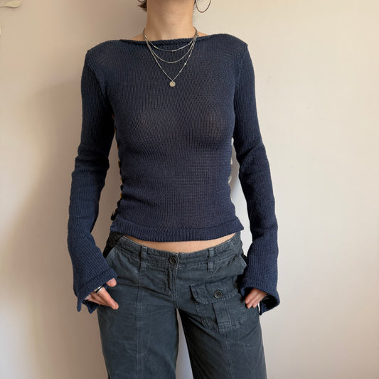 Pearl Long Sleeve in navy blue - handmade knit jumper with mother of pearl buttons