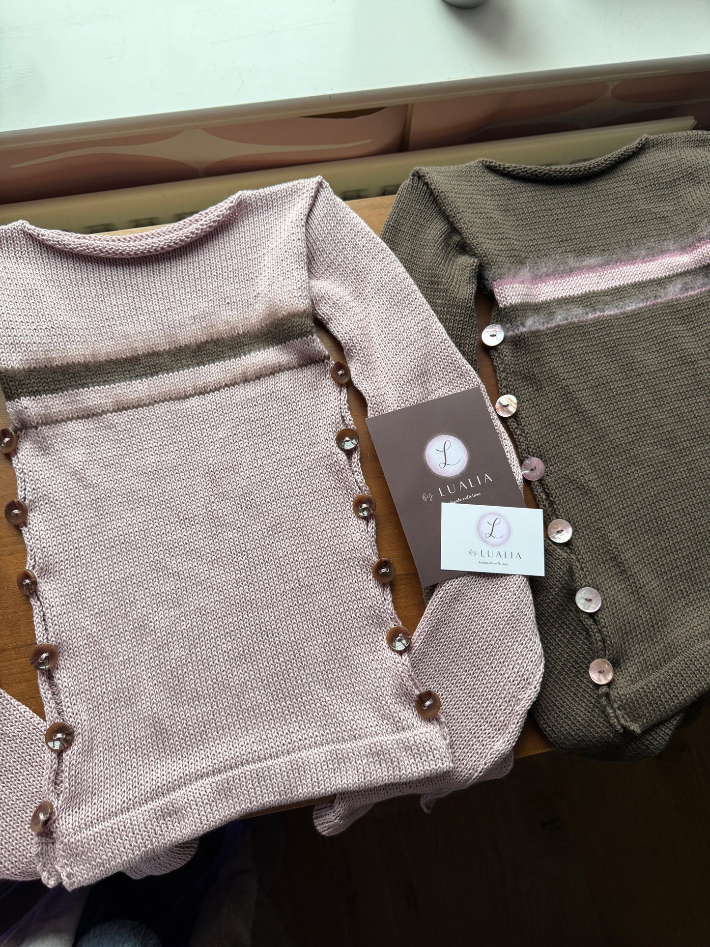 Pearl Long Sleeve in dusky pink & brown - handmade striped knit jumper with buttons